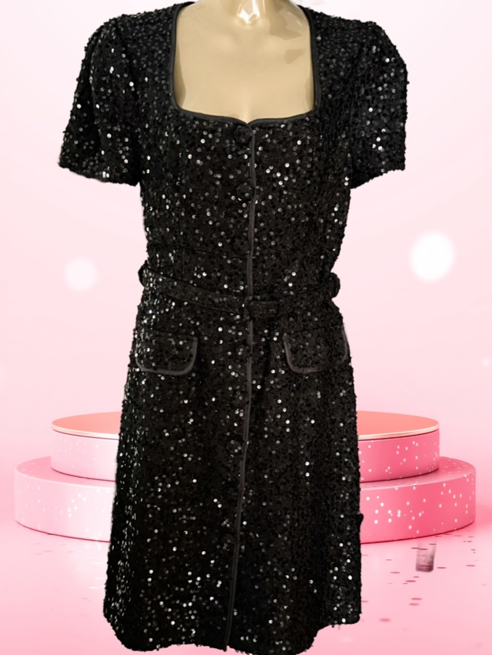 NWT Donna Karan Black Sequin Short-Sleeve Belted Dress HOLIDAY Retail $189 Sz 8